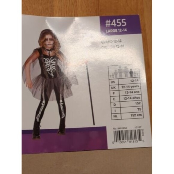 Grim Reaper Girl Large Kids Halloween Costume Skeleton Dress Cape Leggings - Picture 6 of 11